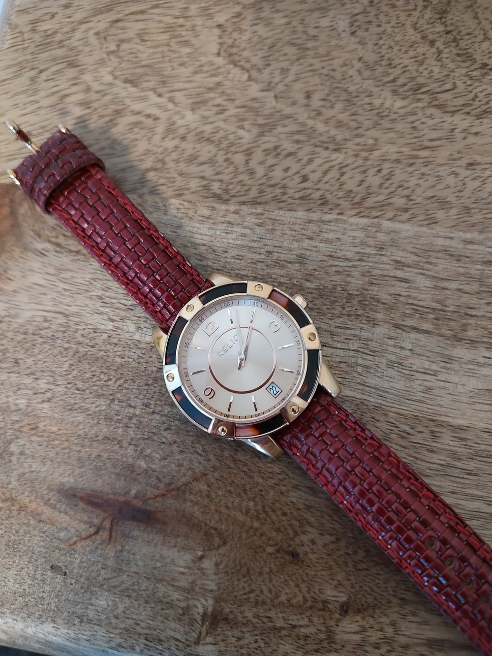 Relic Gold-Tone Watch with Burgundy Strap